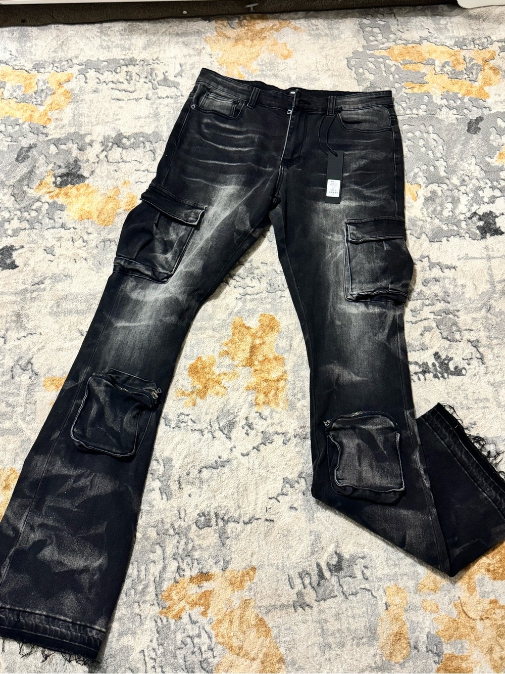Fashion Nova Men's Black Washed Cargo Bootcut Jeans Never Worn